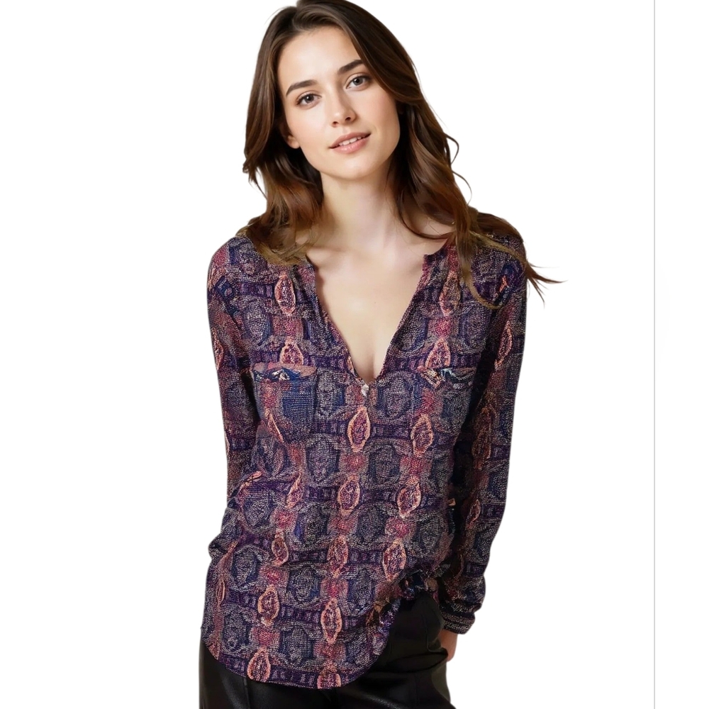 Nwt DALIA XL Rayon Abstract Blouse Womens V-Neck Long Sleeve